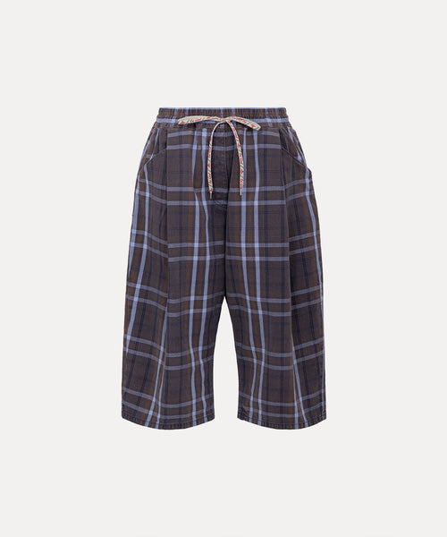 タータンチェックデニム タックハーフパンツ(グレー系)（レディース