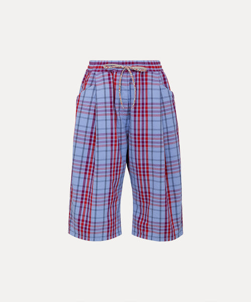 タータンチェックデニム タックハーフパンツ(ネイビー)（レディース