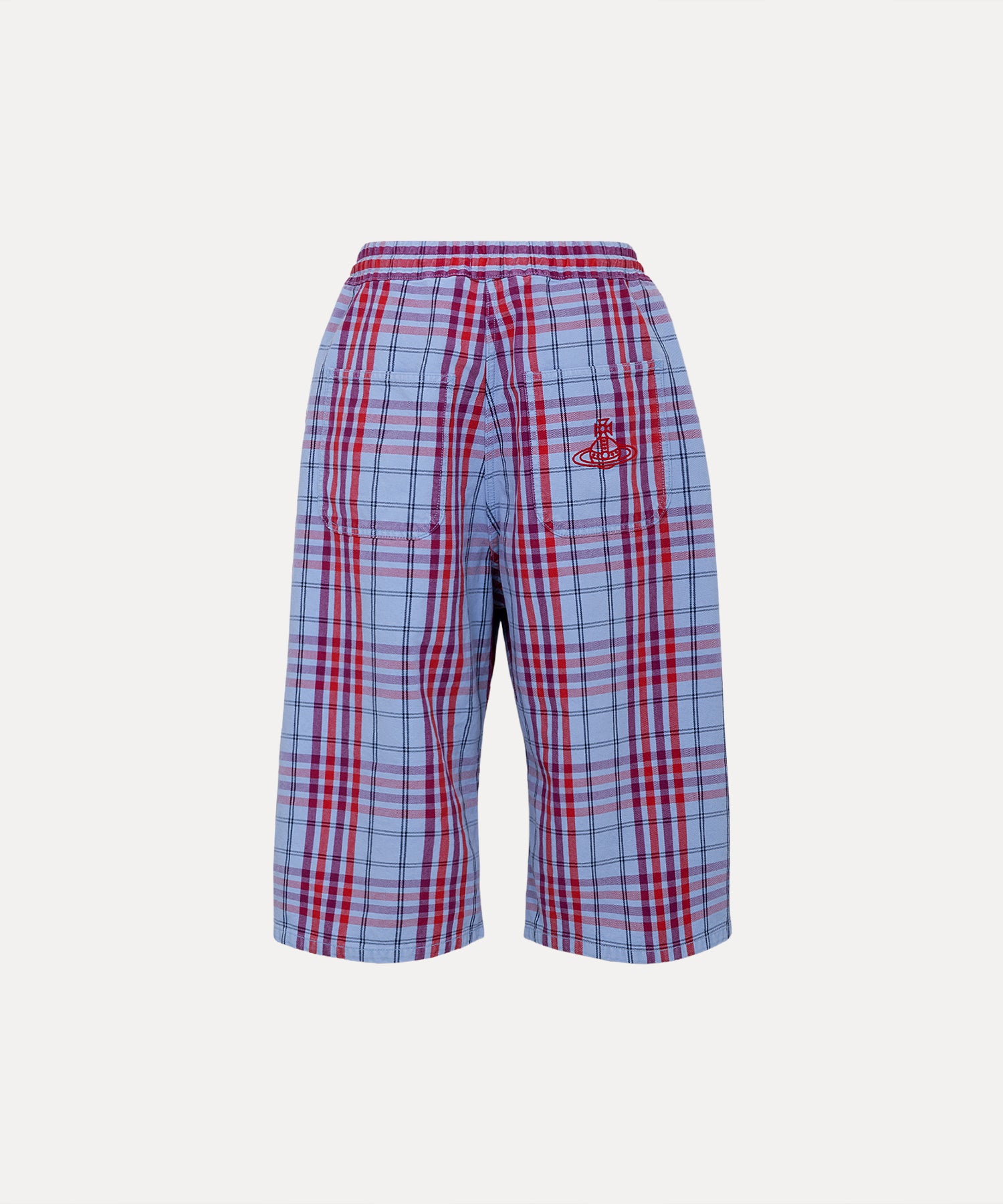 タータンチェックデニム タックハーフパンツ(ネイビー)（レディース