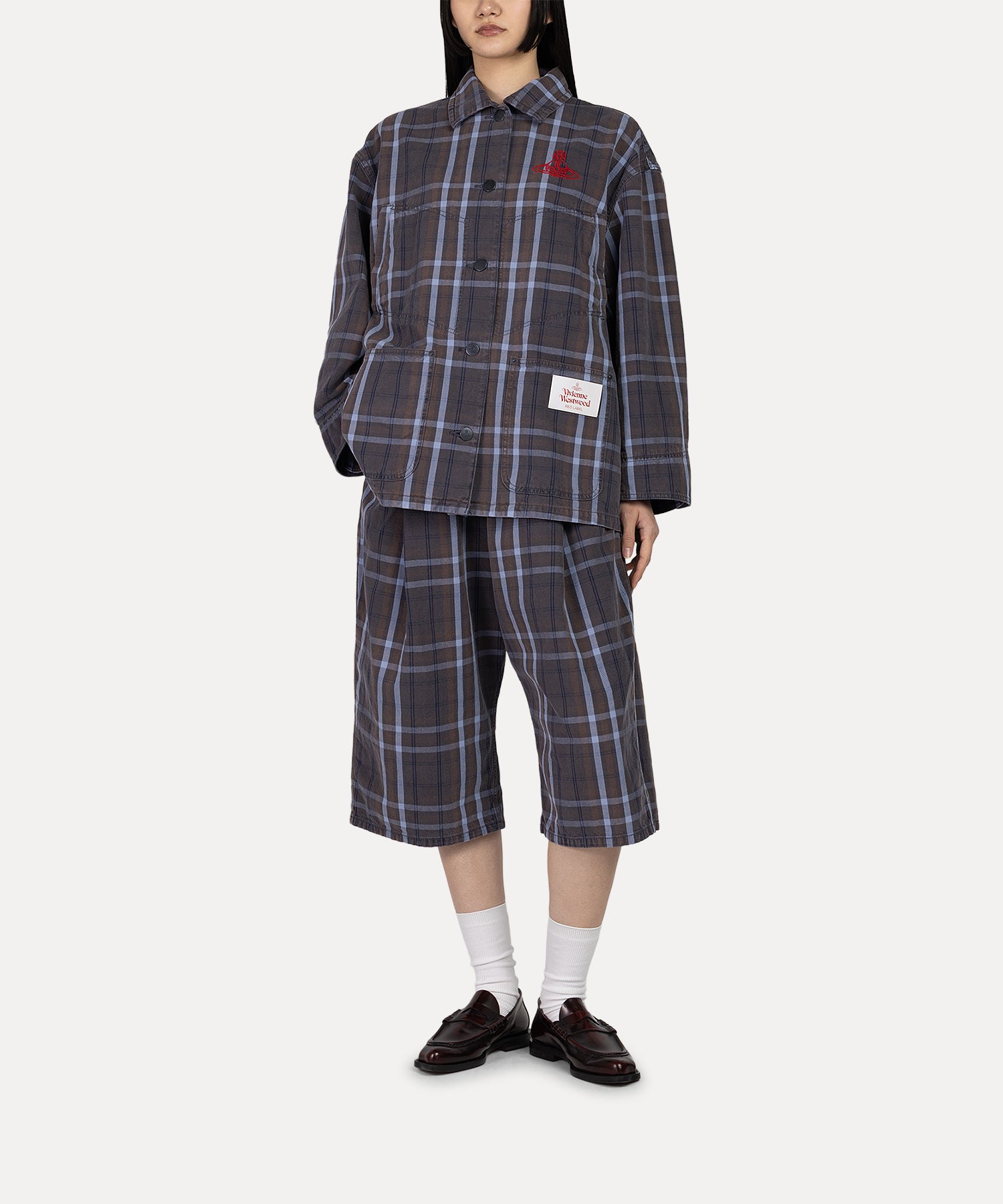 タータンチェックデニム タックハーフパンツ(グレー系)（レディース