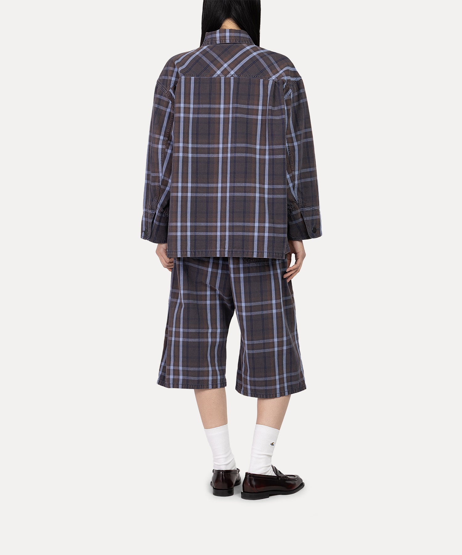 タータンチェックデニム タックハーフパンツ(グレー系)（レディース