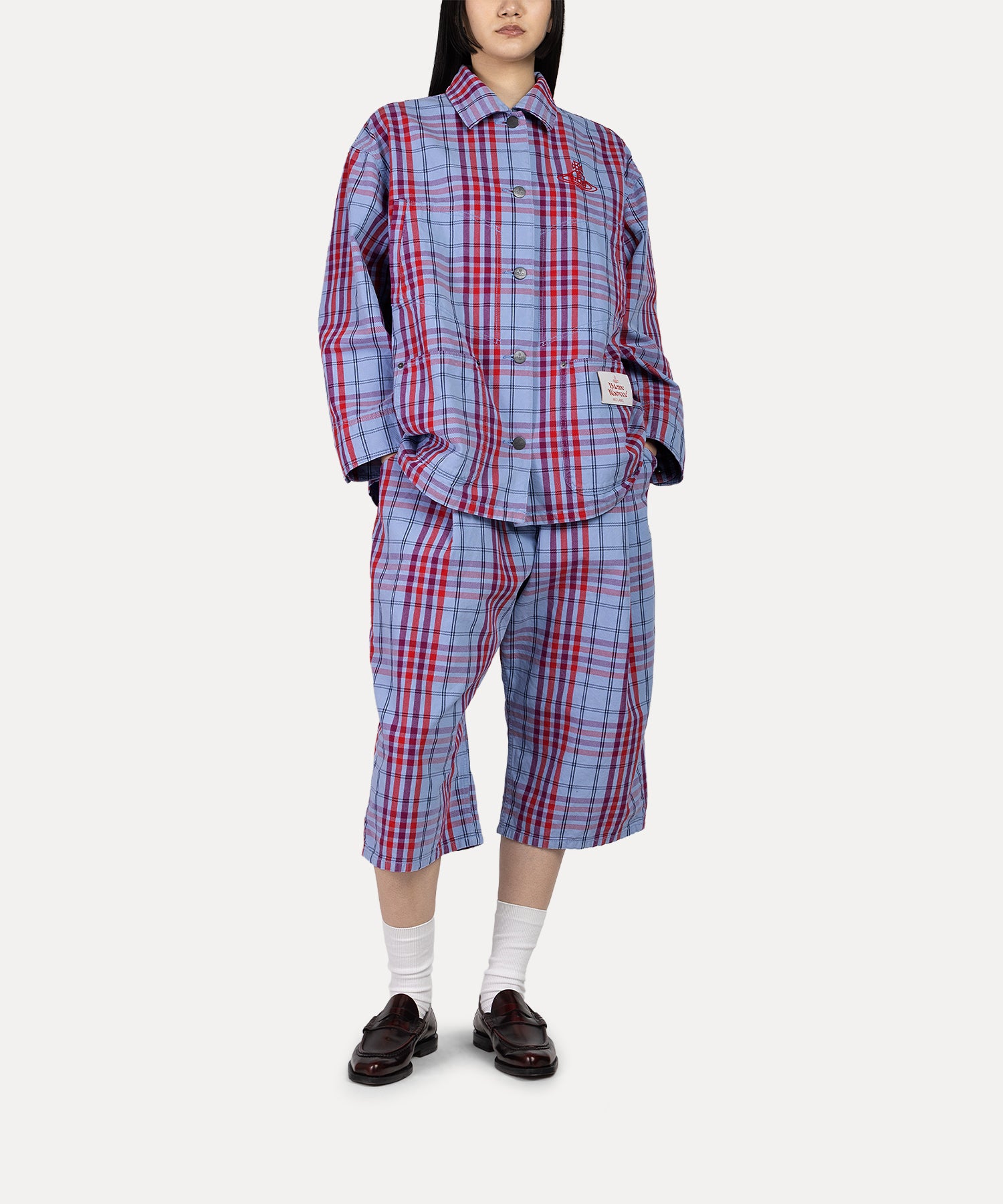 タータンチェックデニム タックハーフパンツ(ネイビー)（レディース