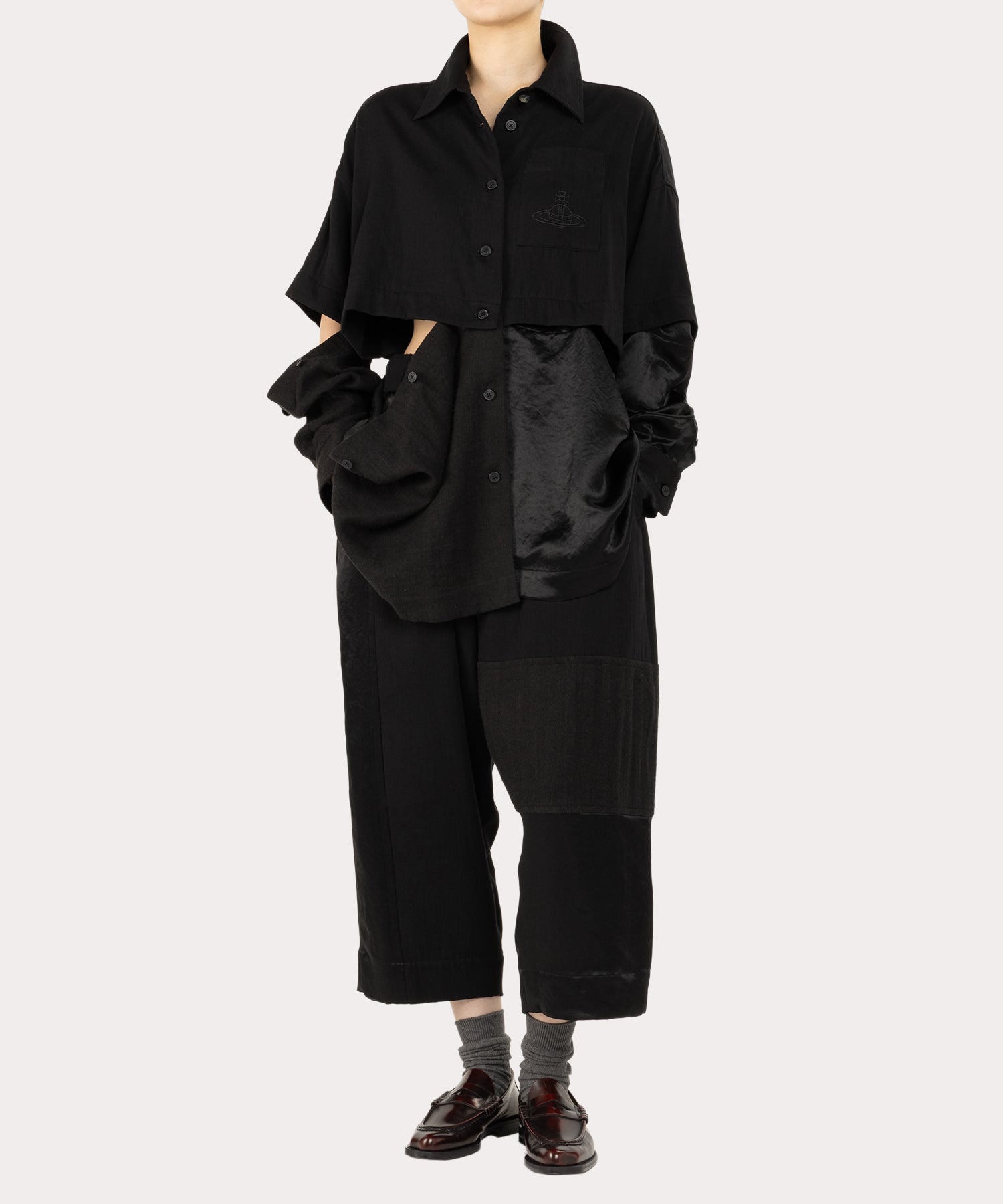 トーンカラーブロッキング カットスリーブシャツ(ブラック