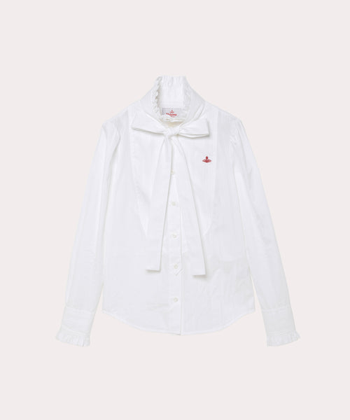 シャドーストライプ フリルボウシャツ(ホワイト)（レディース