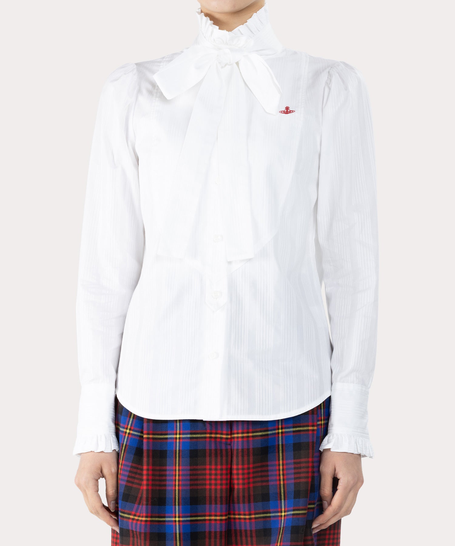 シャドーストライプ フリルボウシャツ(ホワイト)（レディース