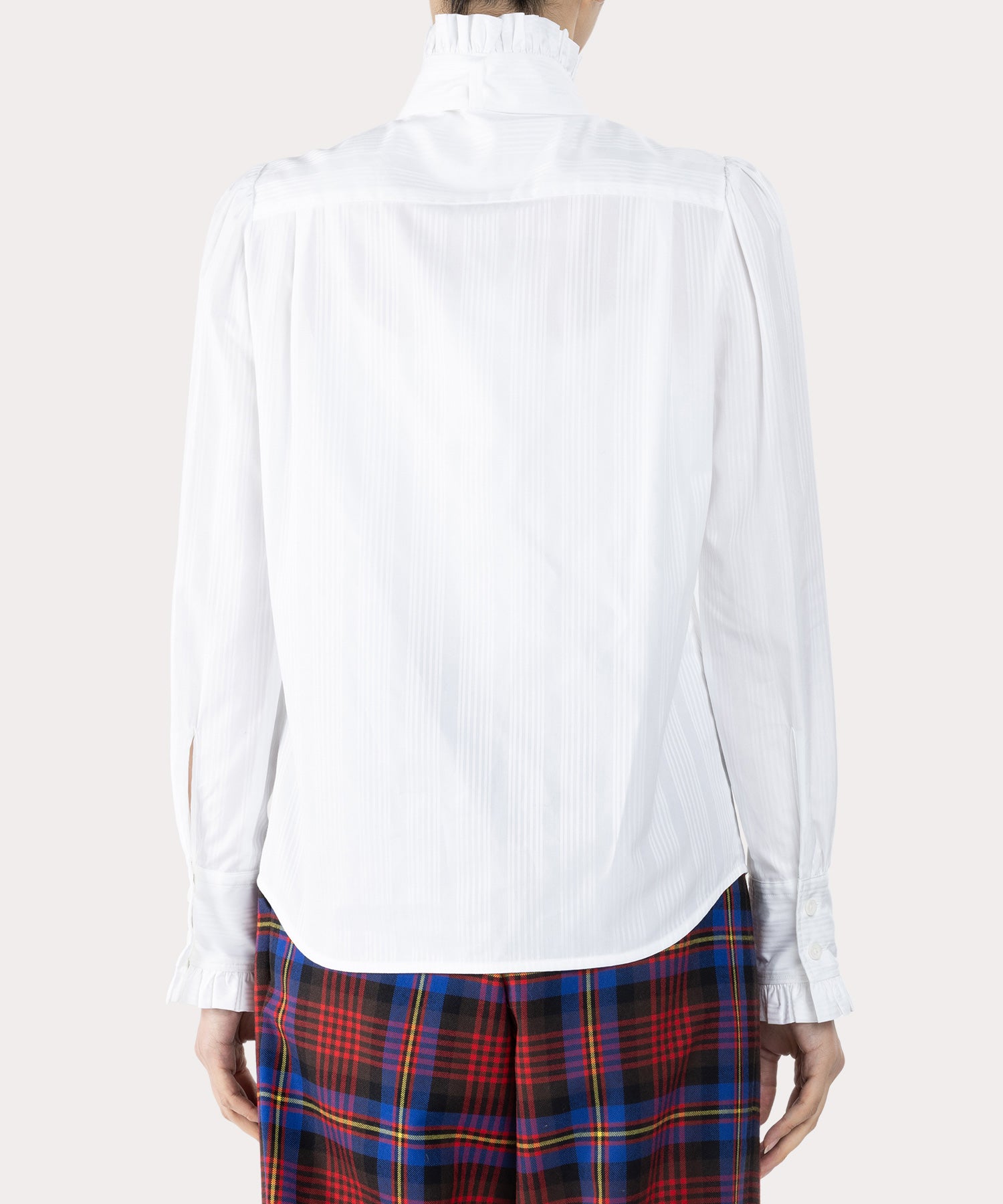 シャドーストライプ フリルボウシャツ(ホワイト)（レディース