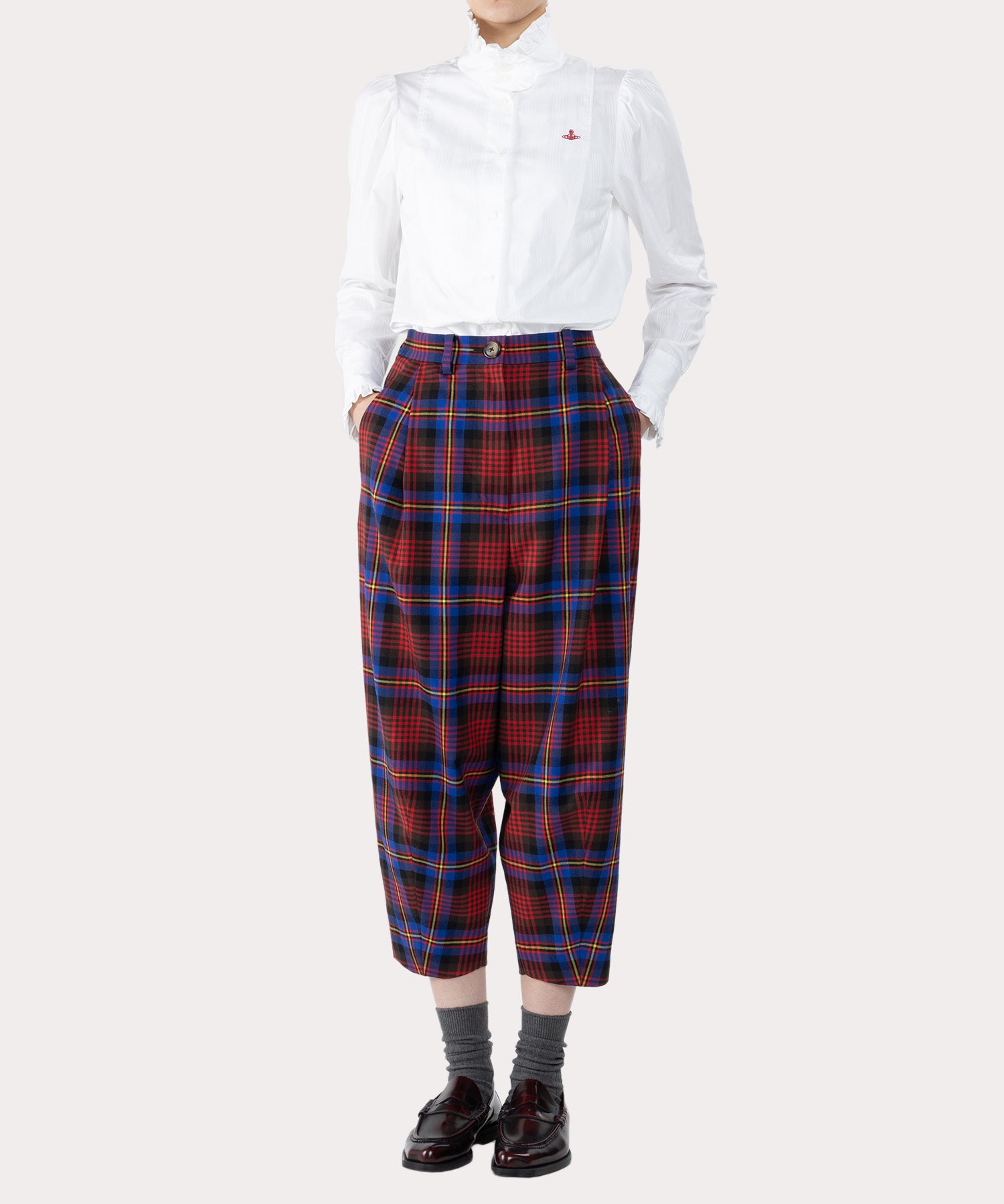 シャドーストライプ フリルボウシャツ(ホワイト)（レディース