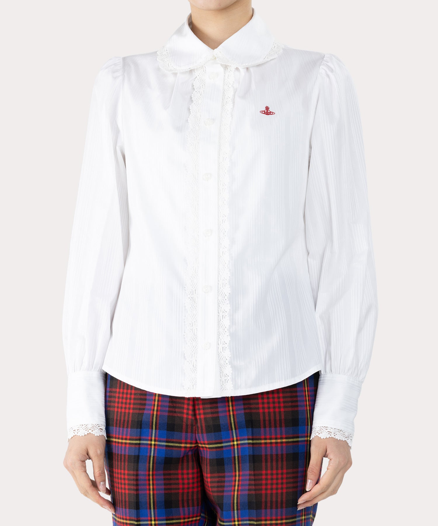 シャドーストライプ ギャザーレースシャツ(ホワイト)（レディース