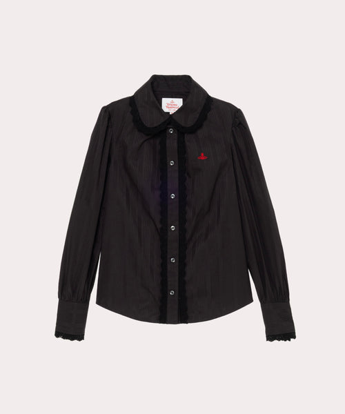 シャドーストライプ ギャザーレースシャツ(ブラック)（レディース