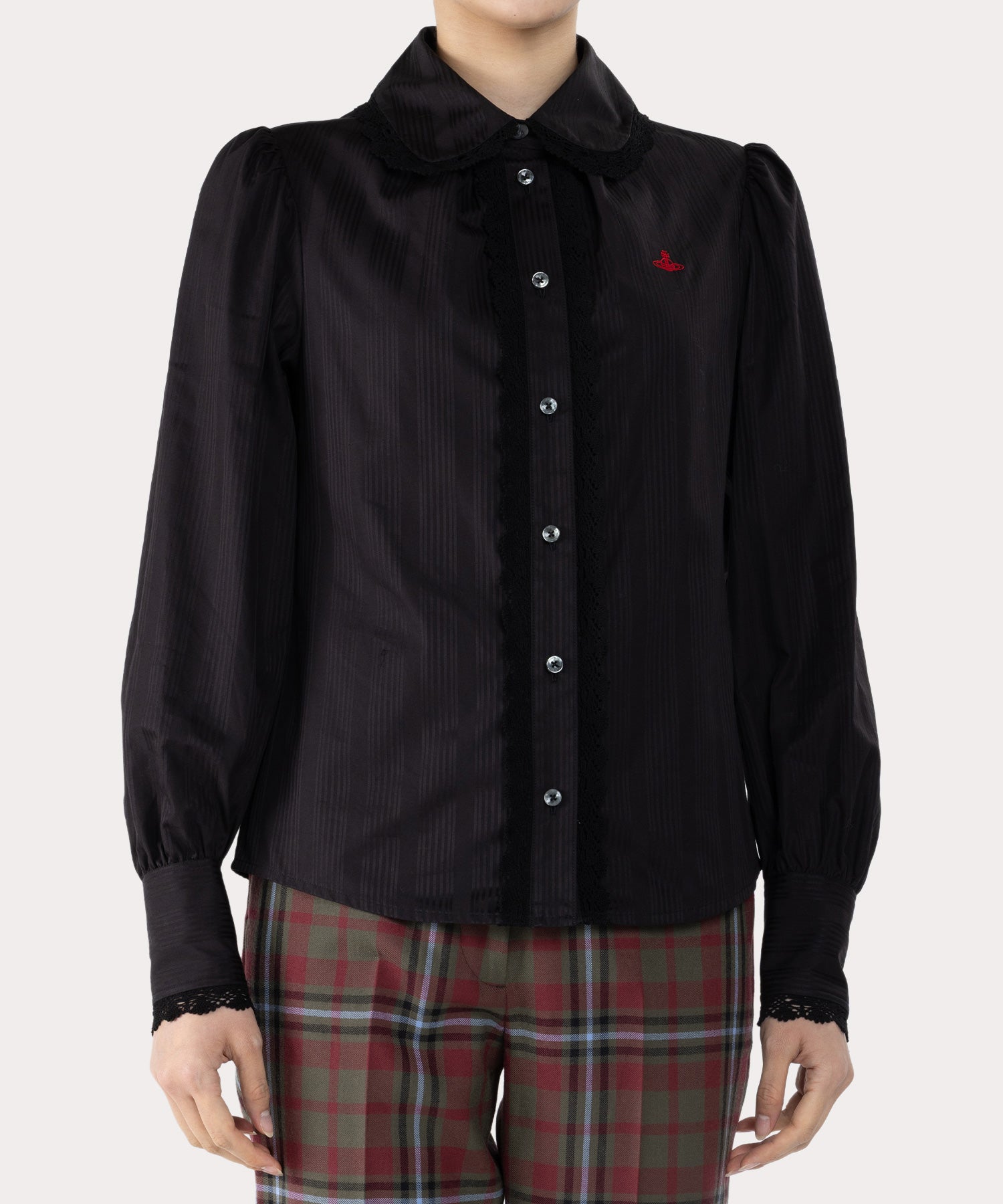 シャドーストライプ ギャザーレースシャツ(ブラック)（レディース