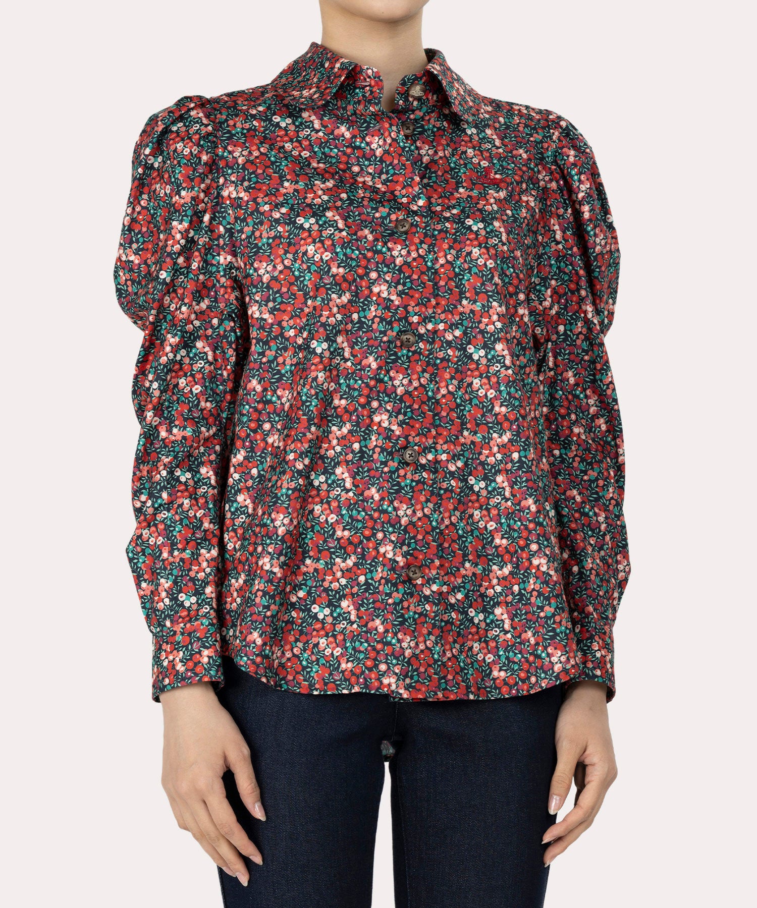 リバティプリント エイリアンスリーブシャツ(レッド系)（レディース