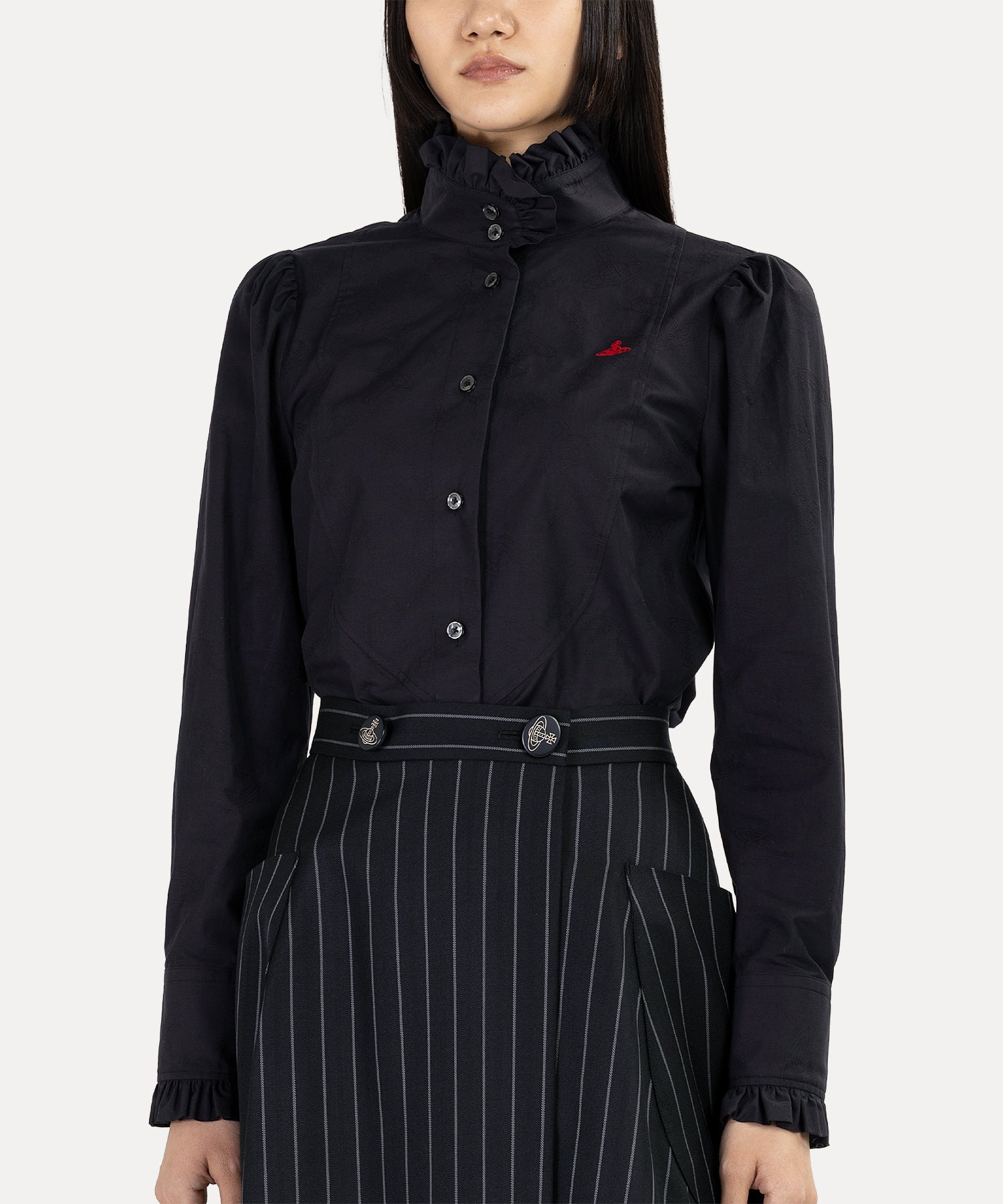 ORBジャガード フリルボウシャツ(ブラック)（レディース）（1612861003