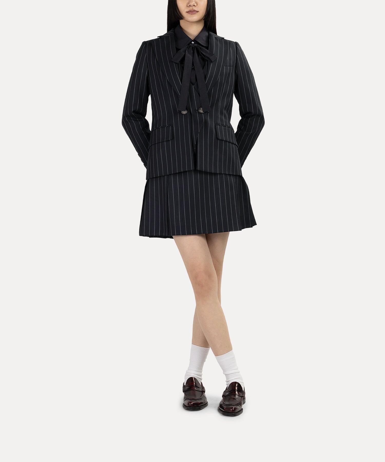 ORBジャガード ギャザーボウタイシャツ(ブラック)（レディース