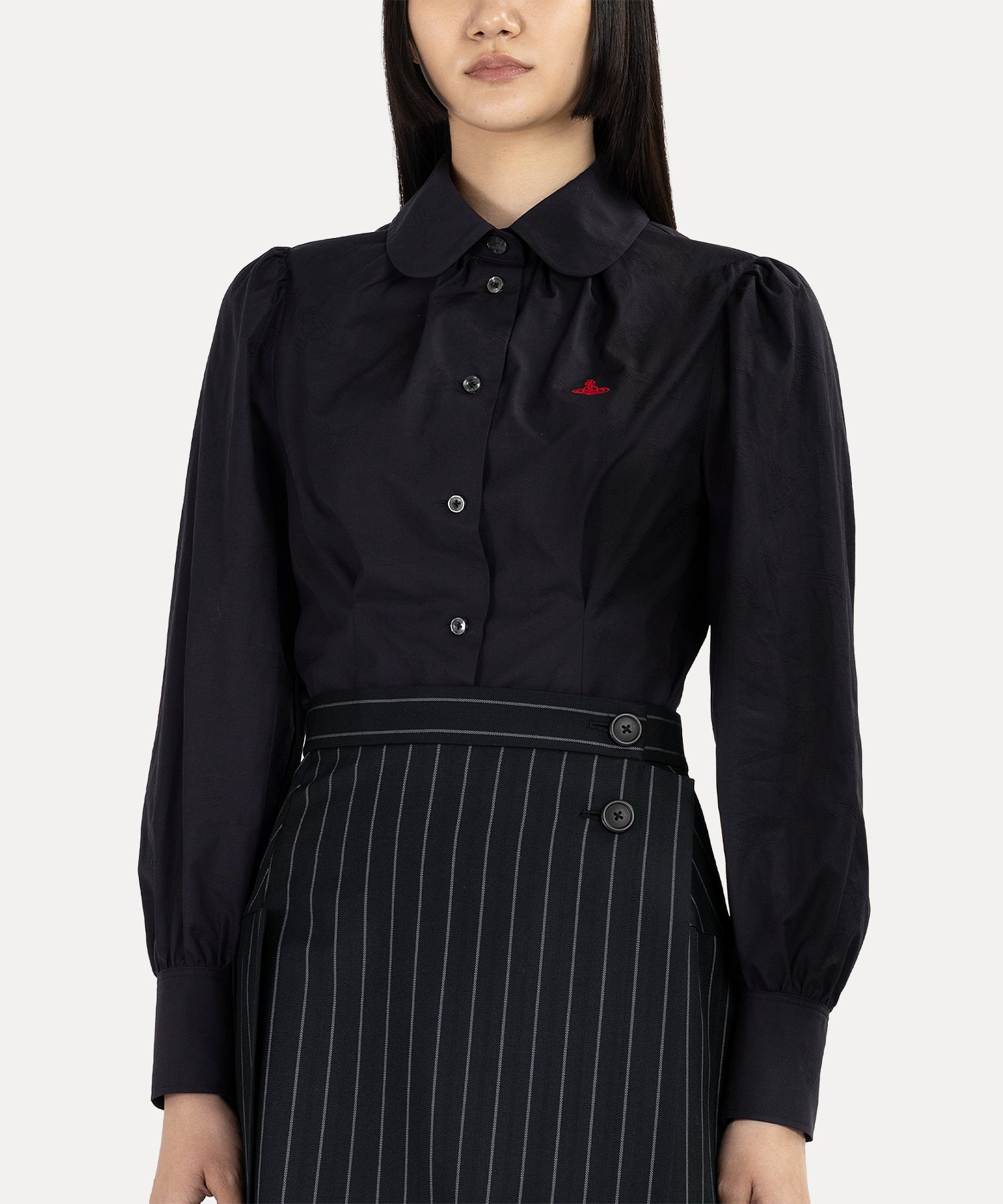 ORBジャガード ギャザーボウタイシャツ(ブラック)（レディース