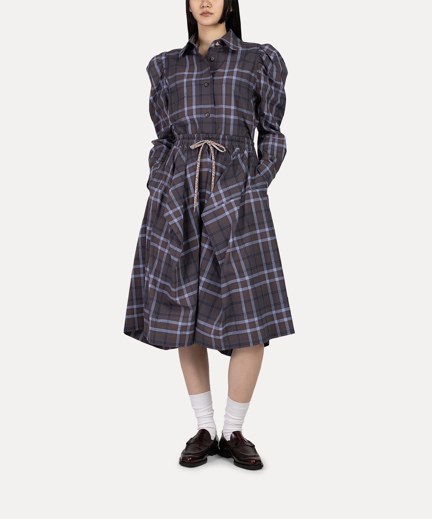 タータンチェック エイリアンスリーブシャツ(グレー系)（レディース