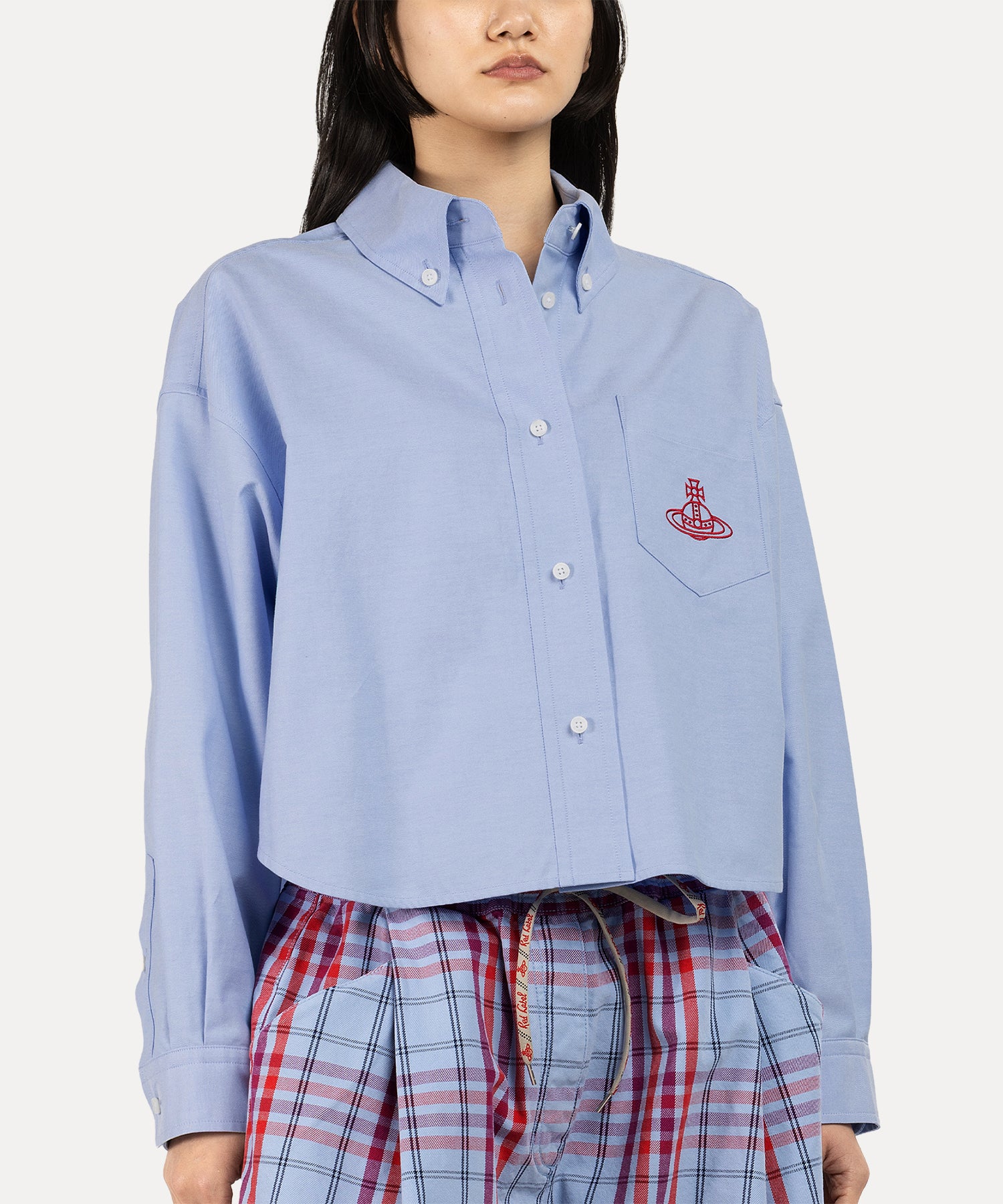 XXL ボタンダウンクロップドシャツ(ブルー)（レディース）（1612861007