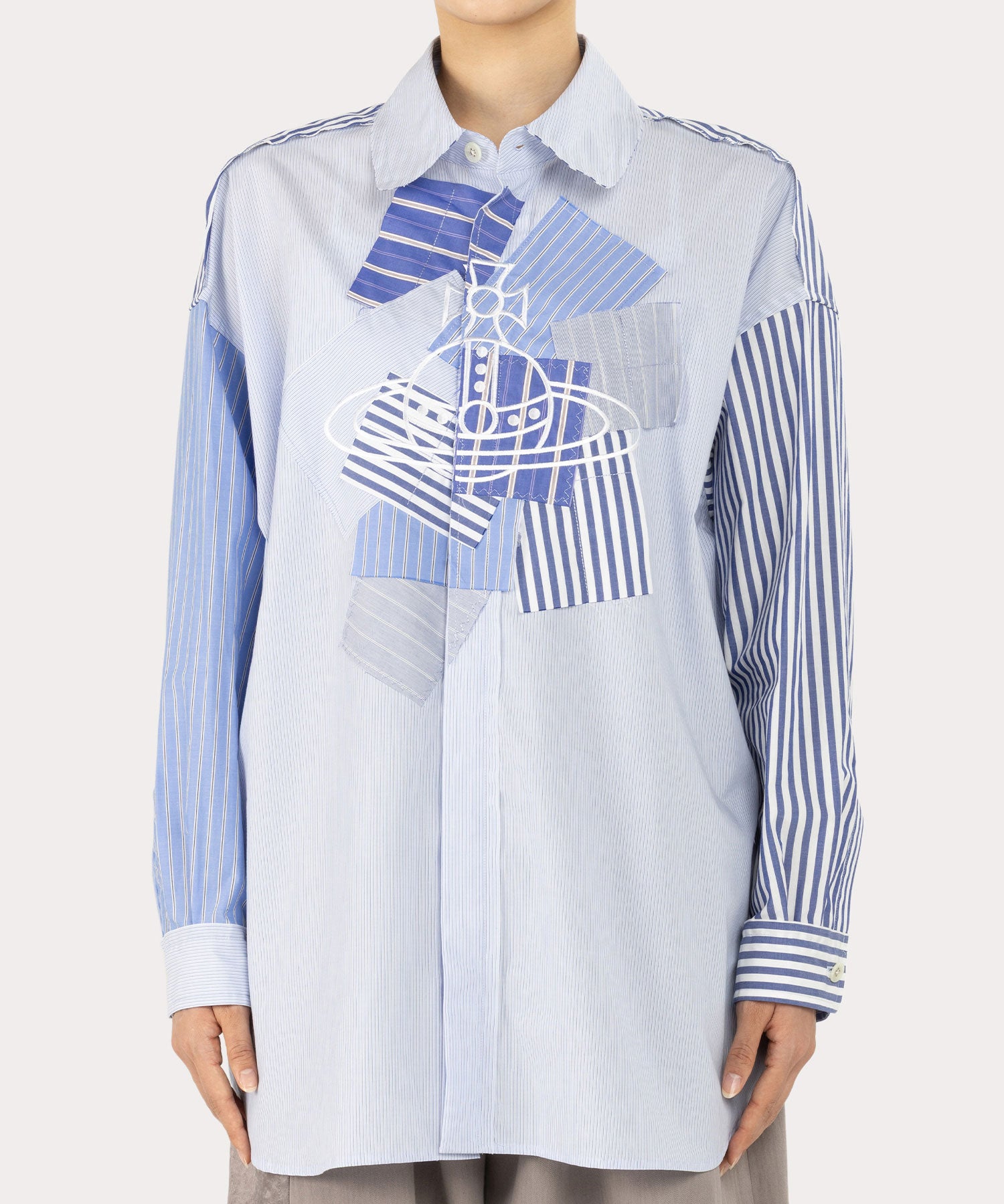 Vivienne Westwood オーブ柄　ストライプ 半袖シャツ 2 ストライプ ORB PATCH XXLシャツ(ブルー系)（レディース