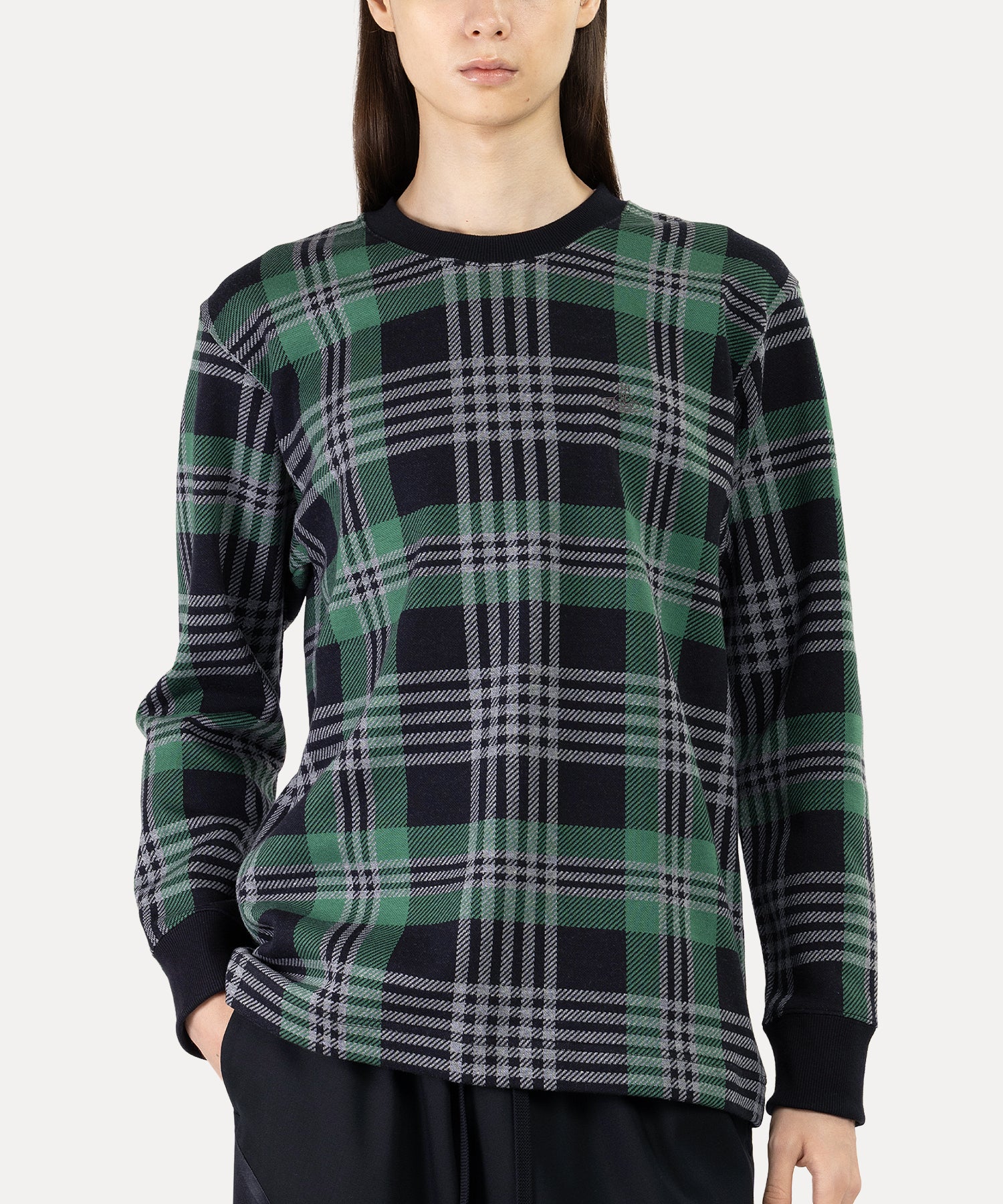 チェックジャカード 長袖Tシャツ(カーキ系)（メンズ）（1632361007