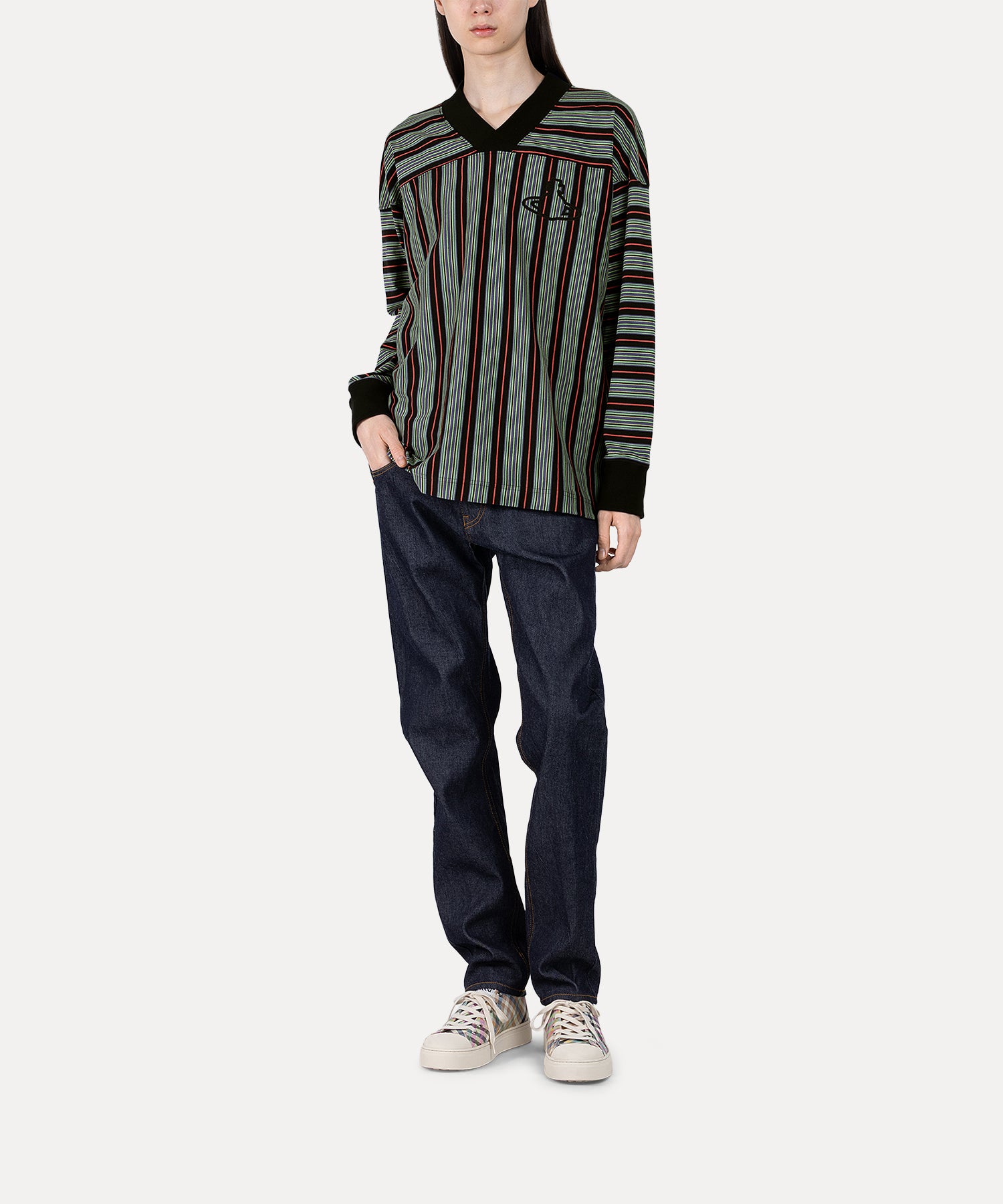 SILHOUETTE ORB ストライプフットボールシャツ(ブラック)（メンズ