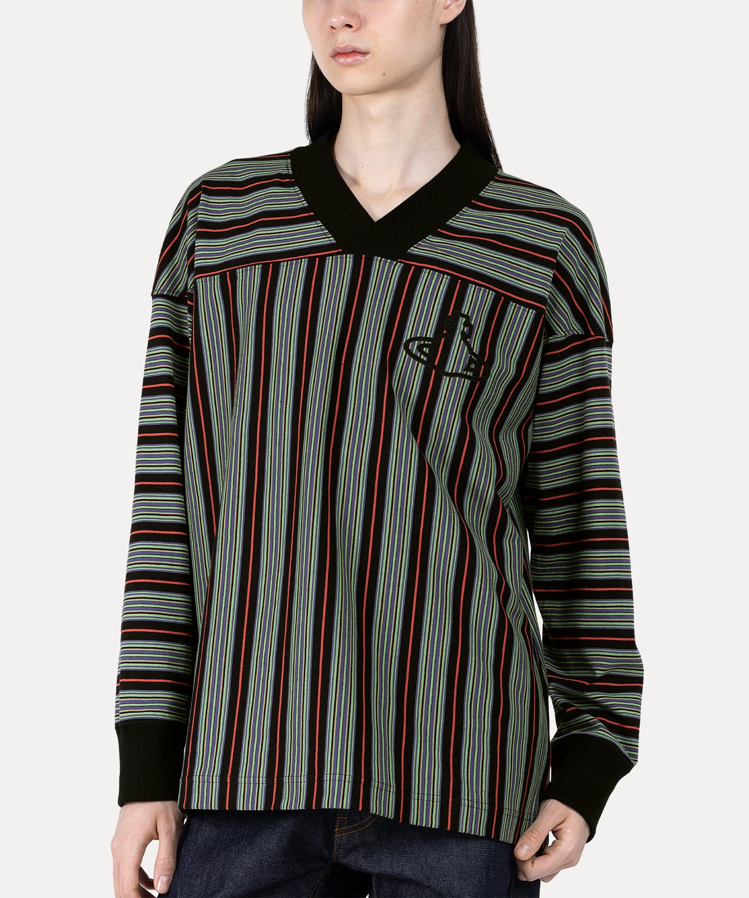 SILHOUETTE ORB ストライプフットボールシャツ(ブラック)（メンズ