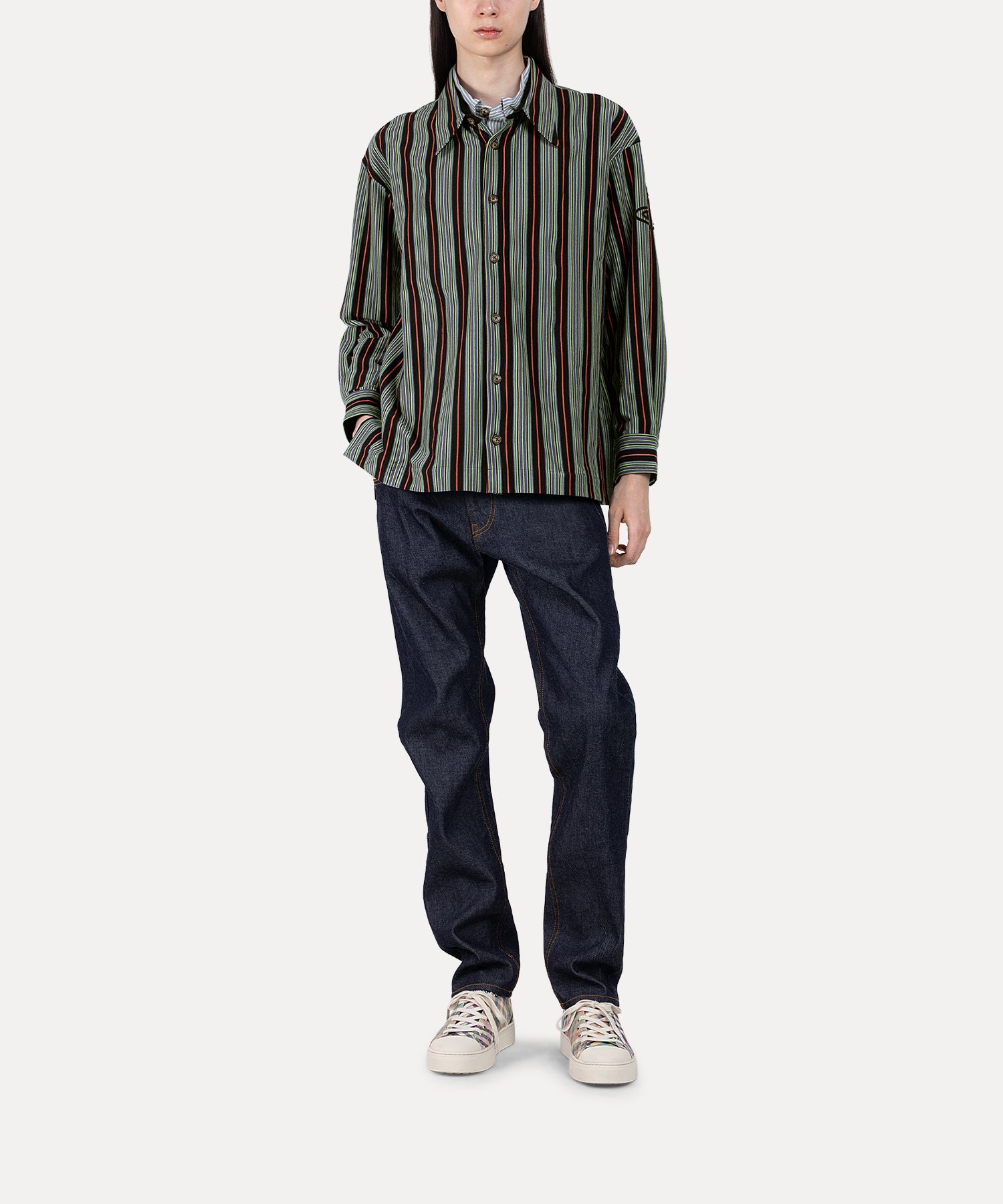 SILHOUETTE ORB ストライプレイヤーシャツ(ブラック)（メンズ