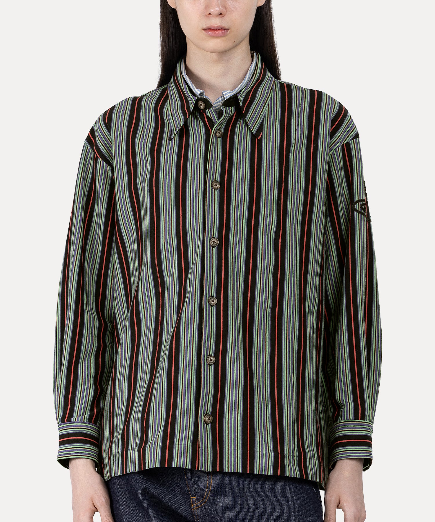 SILHOUETTE ORB ストライプレイヤーシャツ(ブラック)（メンズ