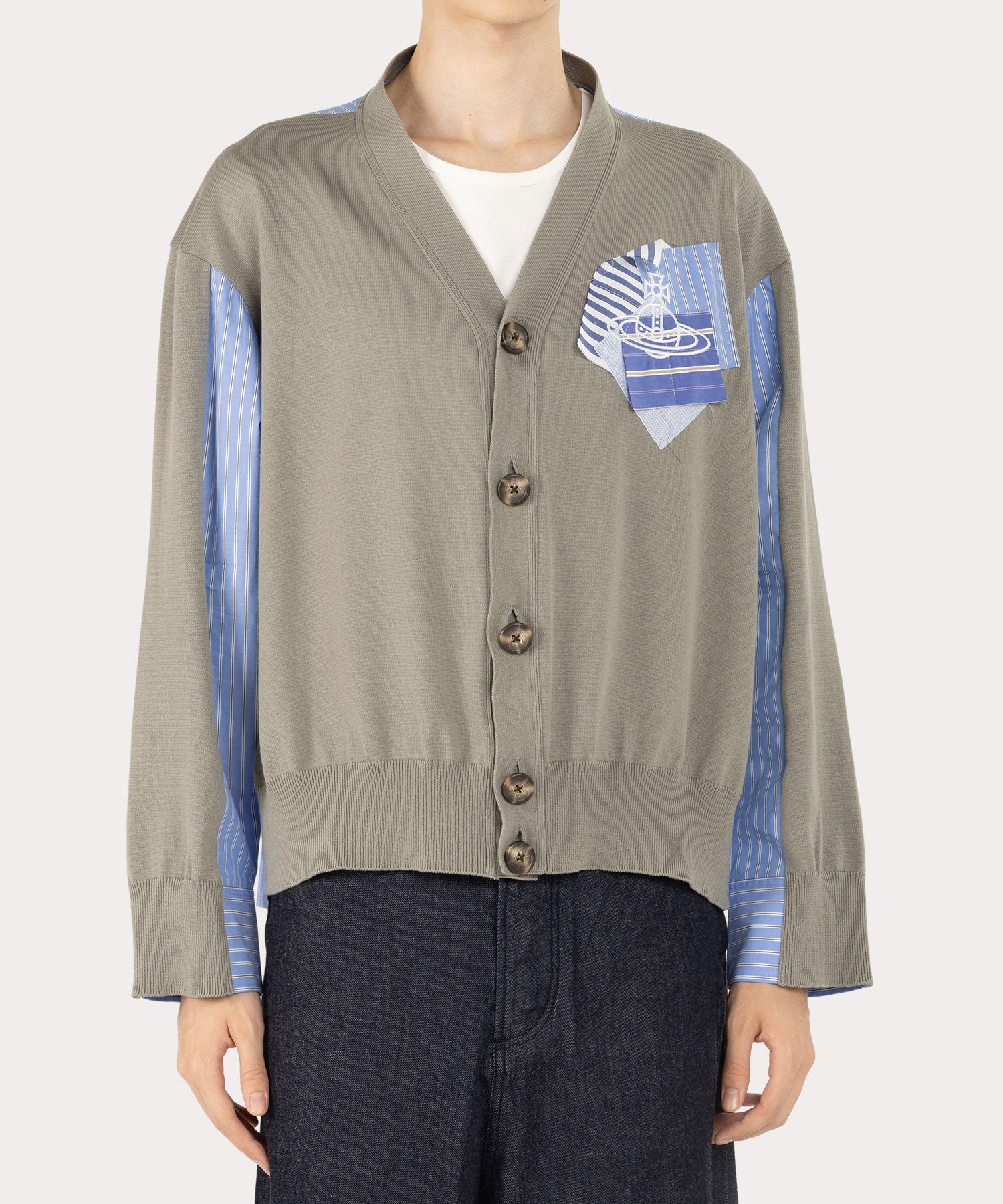 Vivienne Westwood カーディガン サイズ48 ストライプ ORB PATCH Vネックカーディガン(ブラック)（メンズ